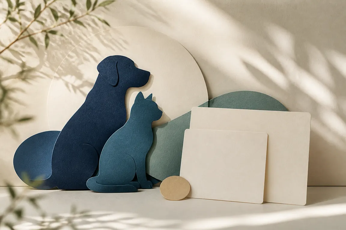 Papierillustration mit Hund und Katze, Karten und warmem Tageslicht
